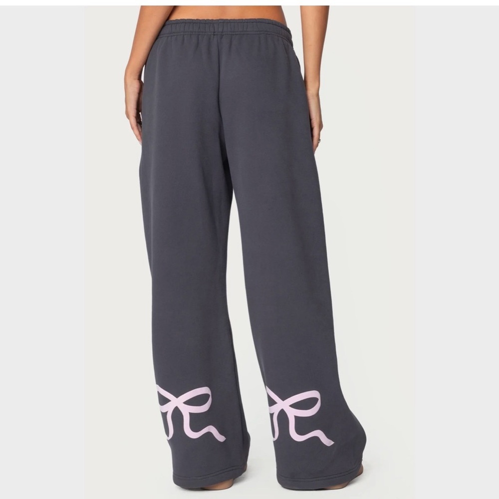 Edikted Gray Wide Leg Pants with Pink Bow Detail